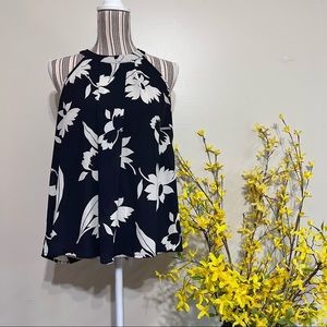 * Le Lis Navy and White Floral Halter Style Sleeveless Flowy Blouse - Size Large